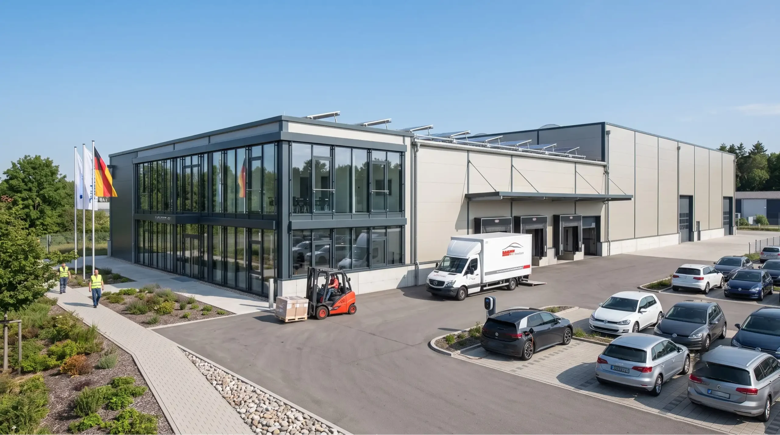 flexible-produktionshalle-mit-buero-anbau Eine moderne Produktionshalle mit gläsernem Büroanbau, Lkw-Rampe, Gabelstapler und parkenden Autos auf dem Hof von Gösta Hallenbau unter blauem Himmel.