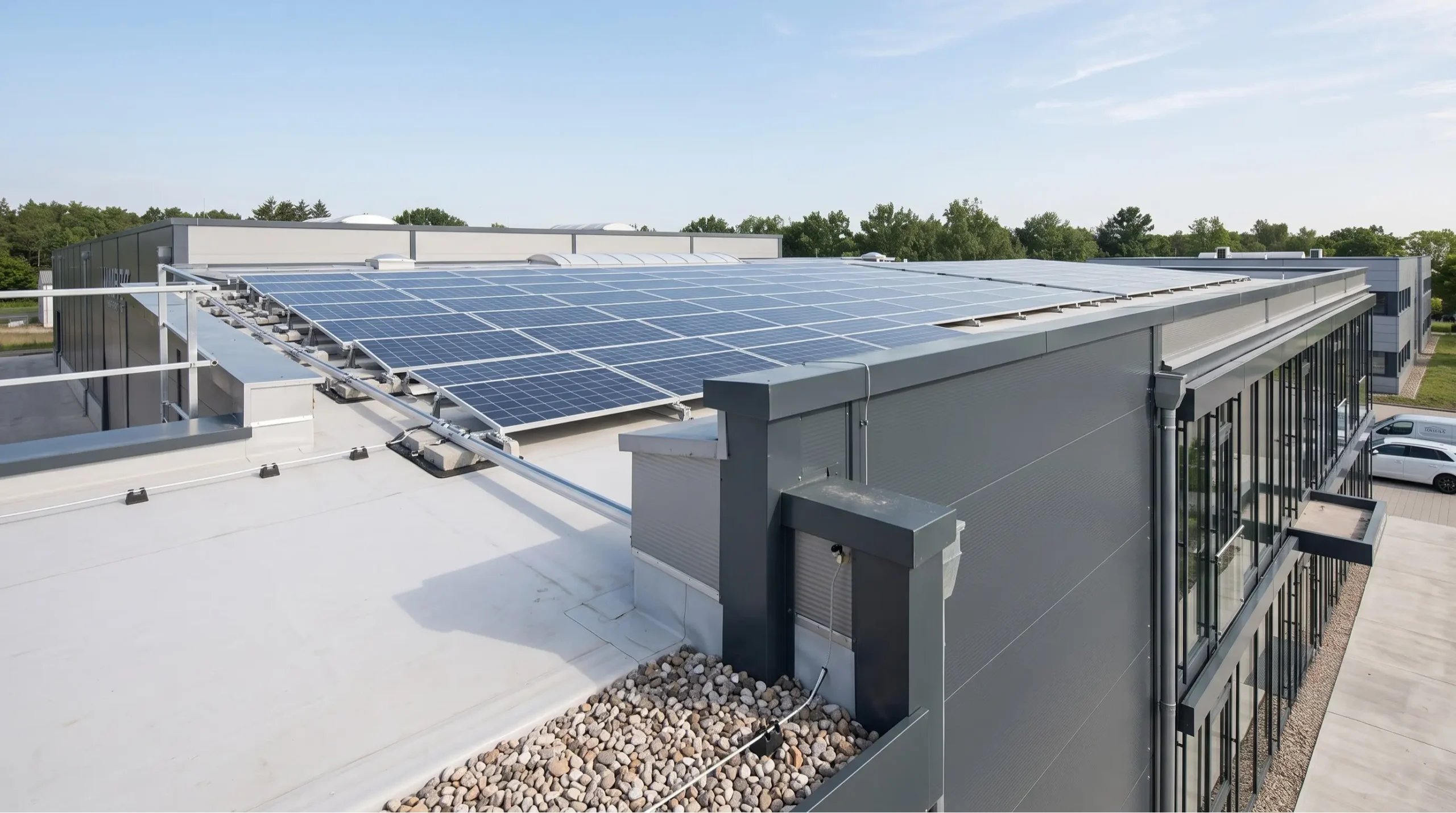produktionshalle-dach-pv-anlage Eine Produktionshalle mit einer PV Anlage auf dem Dach.