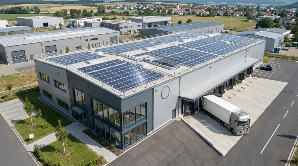 Eine PV Anlage auf einer Gewerbehalle.