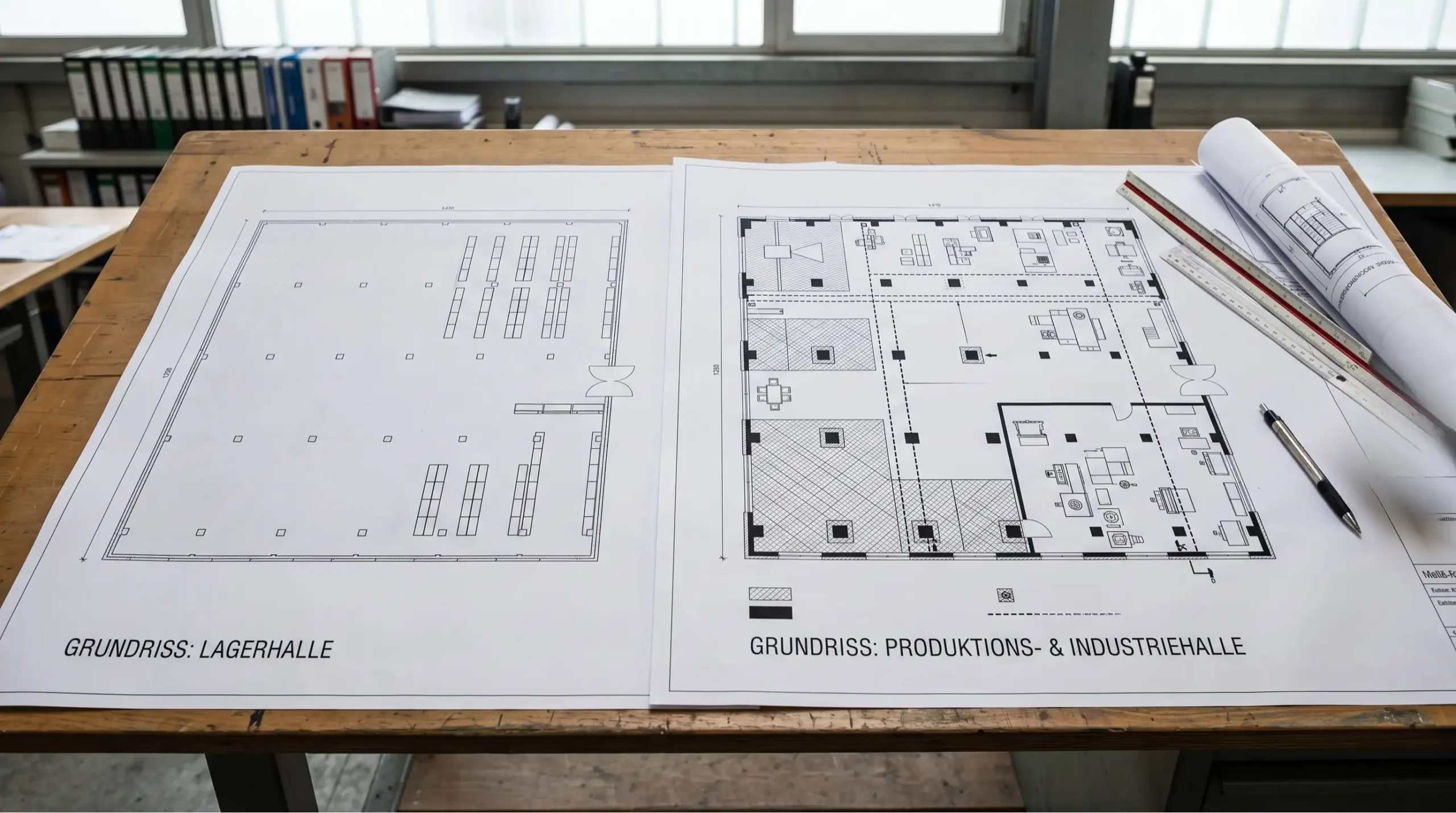 unterschied-produktionshalle-lagerhalle Neben den Plänen für Produktionshallen und Lagerhallen liegen technische Grundrisse für eine Produktions- und Industriehalle auf einem Holztisch.