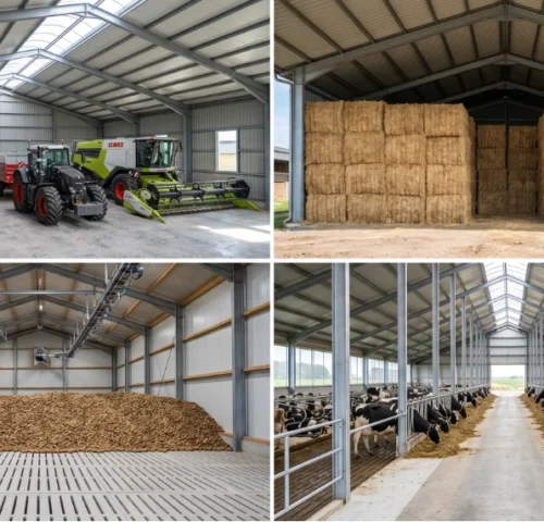 Vier verschiedene Stile von Landwirtschaftlichen Hallen.